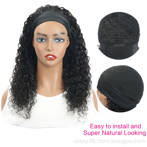 Full Cuticle Water Wave Machine Made Wigs Soft Natural Color Non Lace Hand Band Wig Human Hair Wigs